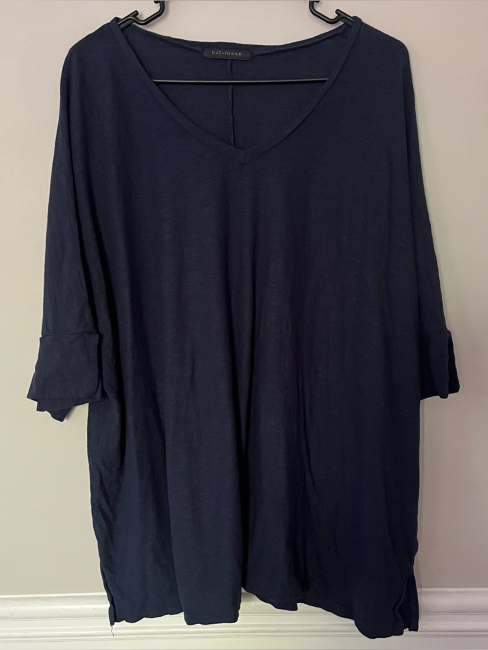 Cut loose jersey linen blend blue V neck Lagenlook relaxed tunic shirt one size